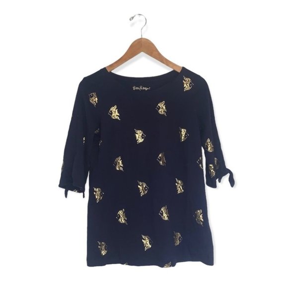 Lilly Pulitzer Shirt Size Small Navy Gold “Reel It In All Over” 3/4 Sleeve Flowy - Picture 1 of 5